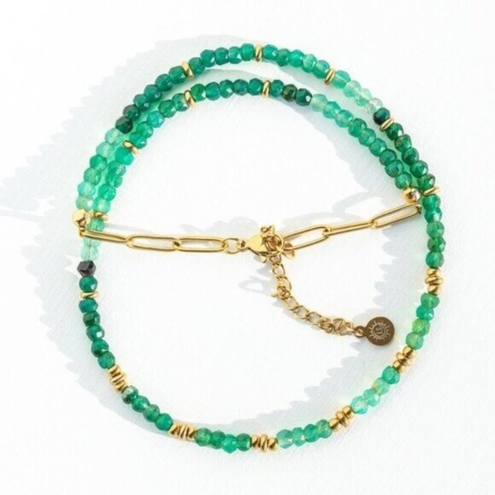 Unique Ombre Green Onyx Beaded Necklace w/ Gold Beads Non-tarnish Gold GORGEOUS